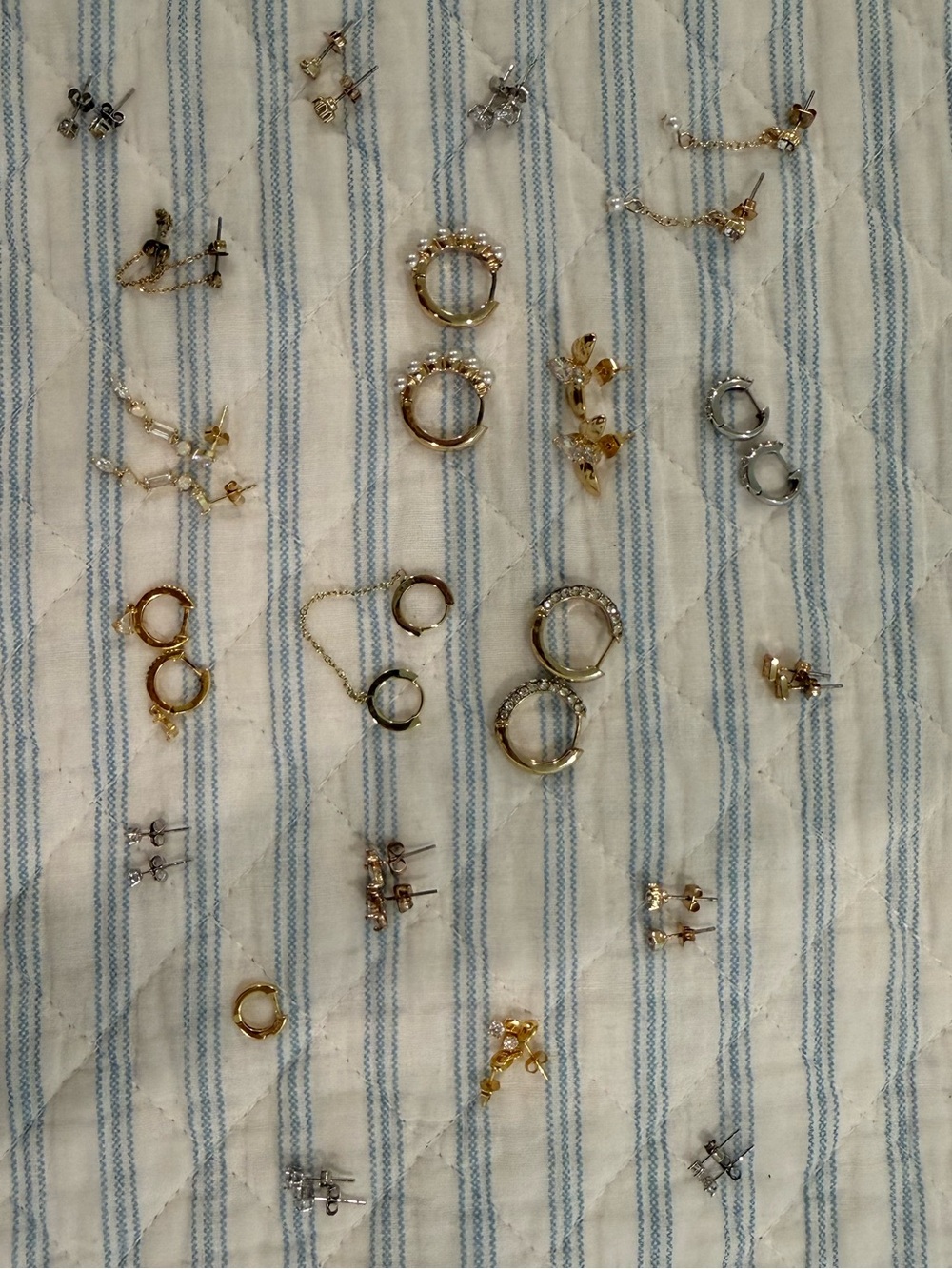 Lot of earrings - gold and silver - studs, hoops, chains, and more!